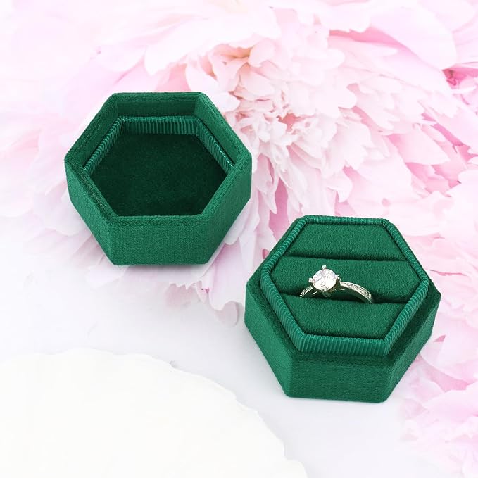 DesignSter Hexagon Velvet Ring Box - Premium Gorgeous Vintage Double Ring Display Holder with Detachable Lid Ring Bearer Box or Proposal, Engagement, Wedding, Ceremony (Emerald)