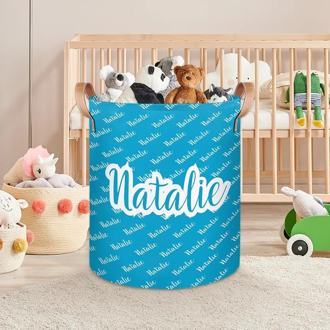 Personalized Laundry Basket, Custom Gift Laundry Hamper, Collapsible Nursery Waterproof Laundry Baskets, Dirty Clothes Toy Hamper with Handles Name Blue