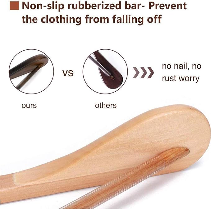 JS HANGER Wooden Suit Hangers, 6 Pack Extra-Wide Shoulder wood Coat Hangers with Non Slip Pant Bar, Extra Smooth and Splinter Free Natural Finish