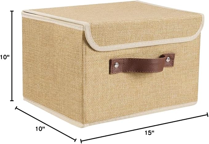 2Pack Storage Bins Boxes with Lids 15"x10"x10" Decorative Storage Baskets | Cotton Linen Fabric, Collapsible, Faux Leather Handles, Storage Cubes, Closet Shelf Clothes Organizer Container, Khaki