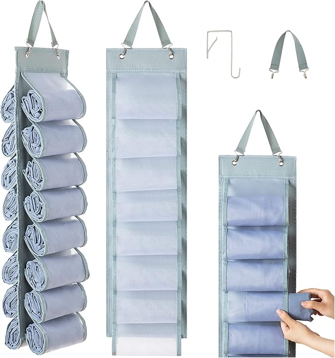 DHSFKBE Legging Organizer Storage - 2PCS T Shirt Organizer, Hanging Closet Organizers and Storage with 16 Roll Independent Compartments for Yoga Pants, Towel, Bathing Suit (Grey)