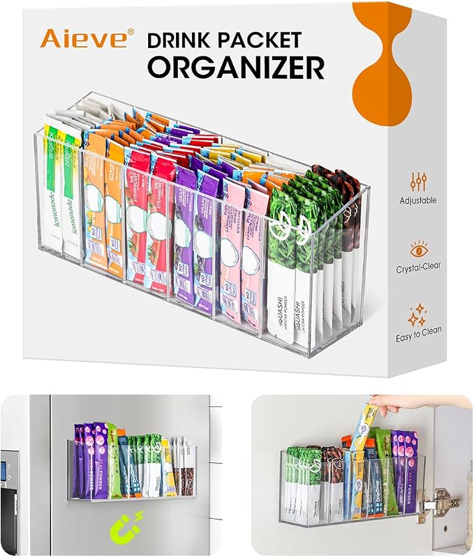 AIEVE Drink Packet Organizer, Mountable Water Packet Organization Holder with Adhesive & Magnetic Sticker, Pantry Organizers Kitchen Storage for Countertop Table Fridge Cabinet