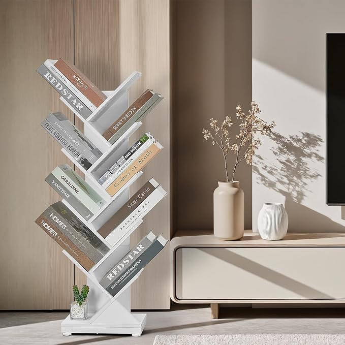 ruboka 9-Tier Tree Bookshelf Storage Organizer Display Rack (White) | Floor standing Bookcase, sturdy wood, space-saving. Ideal Book Shelf for living room, bedroom, office. Holds magazines, CDs.