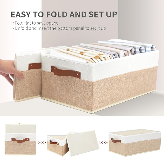 Closet Organizer Bins 3 Pack, Large Storage Bins for Shelves, Foldable Closet Storage Boxes Baskets with Leather Handles for Organizing Clothes, Sheets, Jeans, Toys, Books(Begie)