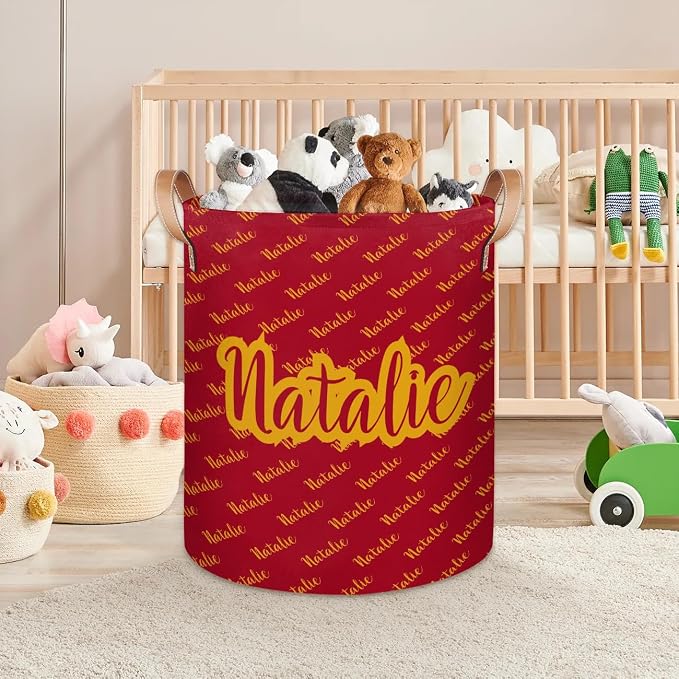 Personalized Laundry Basket, Custom Gift Laundry Hamper, Collapsible Nursery Waterproof Laundry Baskets, Dirty Clothes Toy Hamper with Handles Name Gold Red