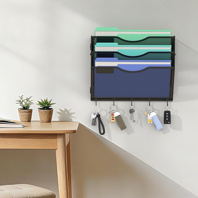 Gawerk Hanging Wall File Organizer with 5 Hooks - Wall Mounted Mail Paper Document Folder Holder, Sturdy Mesh Magazine Rack for Office Home (3 Tier)