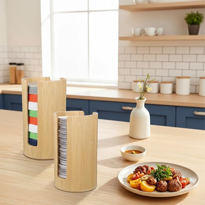 2Pcs Mason Jar Lid Organizer, Bamboo Vertical Storage Holder, Mason Jar Accessories, Bamboo Storage Holder for Home Kitchen Organization & Tumbler Lids (Wide Mouth)