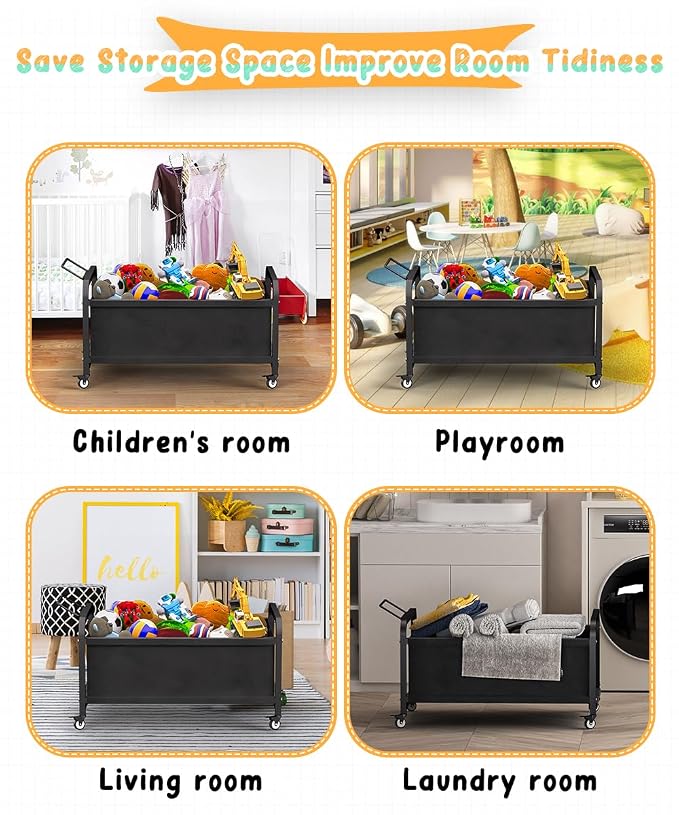 80L Large Kids Toy Box with Wheels, Toy Chest Storage Organizer for Toddlers, Boys, Girls, Toy Storage Bin for Stuffed Animals, PlayRoom, Bedroom, Nursery, Living Room, Black