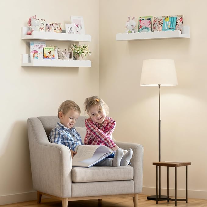 3-Pack Scalloped Shelves, Nursery Shelves for Wall, Floating Nursery Book Shelves for Kids, White