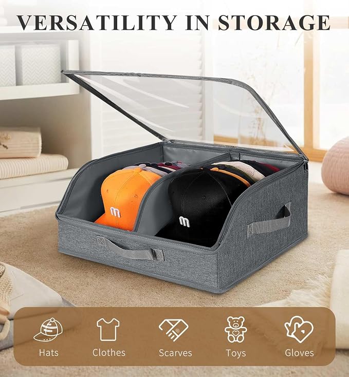 Hat Organizer for Baseball Caps, 2 Compartments Clear Window Hat Storage Box for Closet Hold Up to 24 Caps, Hats Holder Container with Sturdy Cardboard for Home Storage | Dark Gray