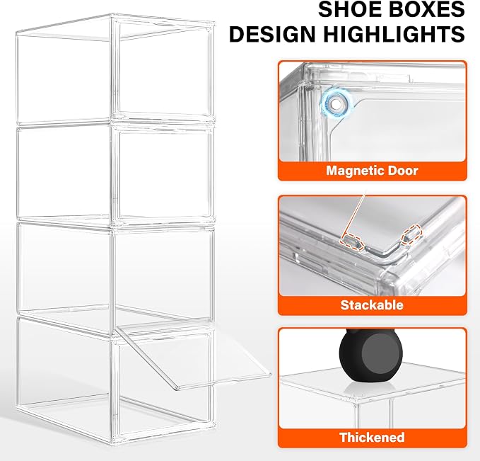 12 Pack Drop Front Shoe Boxes Acrylic Shoe Display Case Fit US Size 13, Clear Stackable Hat Sneaker Shoe Organizer for Closet, Entryway, Underbed, Multiple Display Cases for Hats, Figures, Sneakers