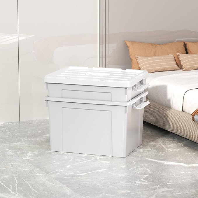Cetomo Lidded Storage Bin with Handle, Tote Organizing Container with Durable Lid and Secure Latching Buckles, Stackable and Nestable, Plastic, 50 Quart-4 Pack, Gray