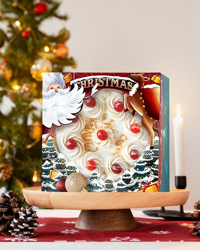qiqee Christmas 10x10x5 Cake Box, 4 Sets Christmas Cake Box with Window & 4 Sets 10 Inch Christmas Snow House Cake Round Boards, 10 Inch Cake Containers