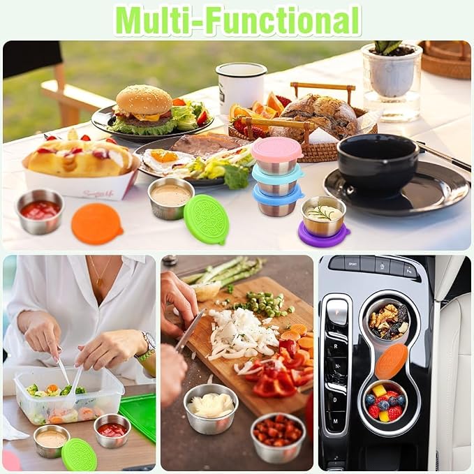 Showvigor 6-Pack Salad Dressing Containers, 1.6 oz Stainless Steel Condiment Containers with Silicone Lids, Leakproof Reusable Sauce Cups for Lunch Box, Picnic and Travel