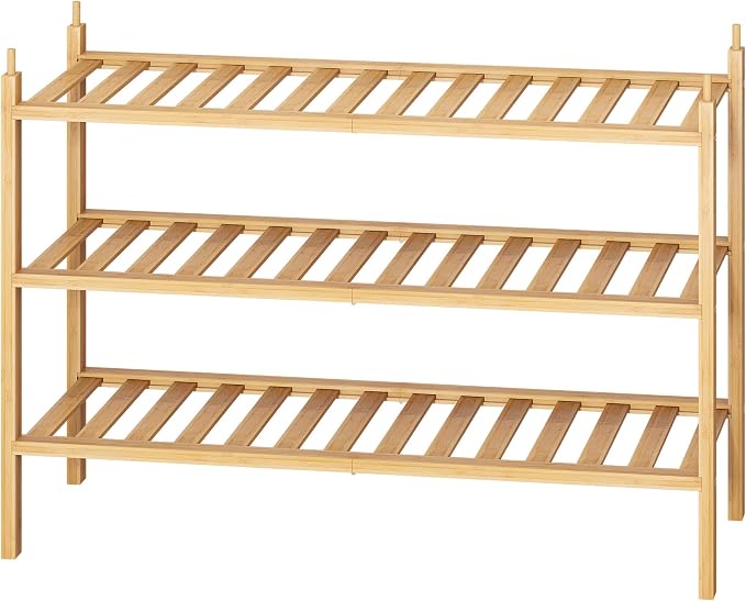Bamboo Shoe Rack Stackable Shoe Shelf Storage Organizer for Unit Entryway Hallway and Closet Sturdy Freestanding Shoe Shelf(3 Tier Natural)