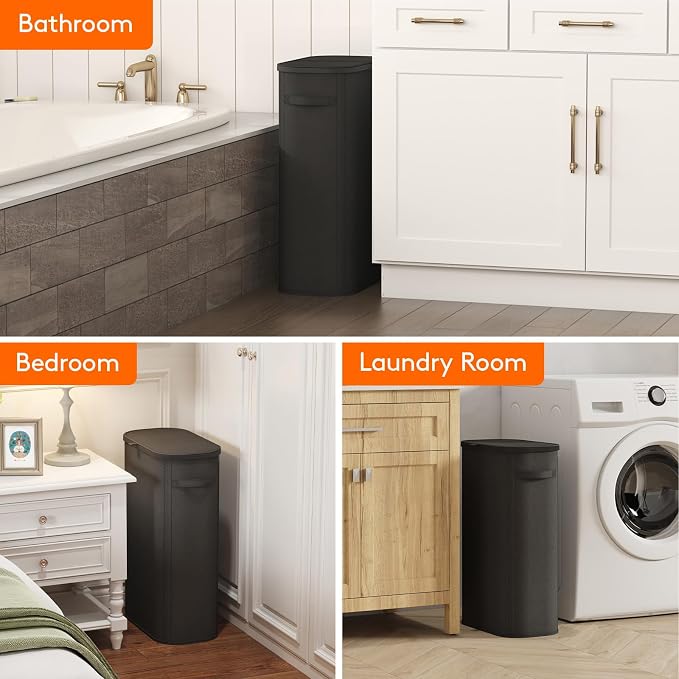 Lifewit Slim Laundry Basket with Lid, Narrow Large Laundry Hamper with Plastic Handles and Removable Bag, Tall Foldable Dirty Clothes Hampers for Laundry Room, Bedroom, Bathroom, Dorm, 65L Black