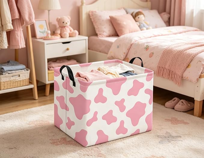Rectangular Baby Kids Storage Basket for Home Kitchen Girls Cute Toy Storage Bin Organizer Shelf Book Room Decor(Pink Cow)