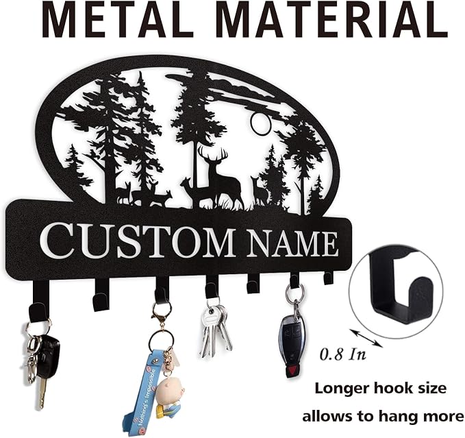 Dyoart Personalized Key Holder for Wall, Custom Metal Deer Cabin Key Hooks with Name, Metal Key Holder Hooks Organizer Rack, Key Hanger Decor for Kitchen, Entryway, Hallway, Office, Doorway