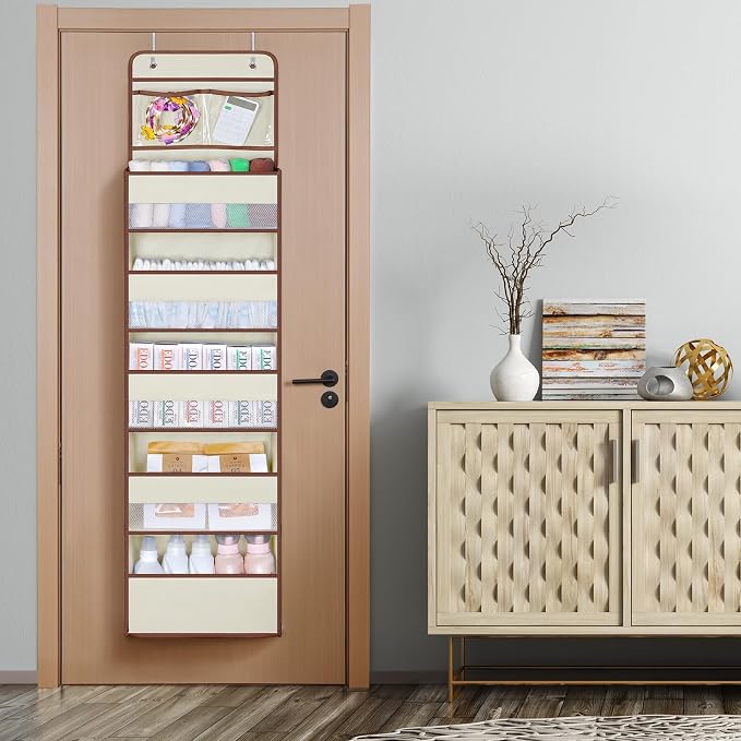 Univivi Over The Door Organizer - Wall Mount Hanging Organizer with 5 Large Compartments, 2 Small PVC Pockets and 8 Mesh Side Pockets for Cosmetics, Toys and Sundries (Beige)