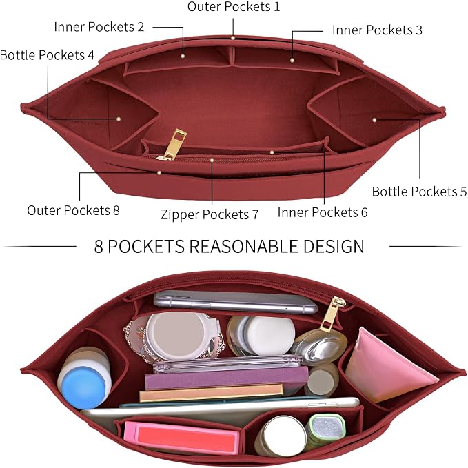 LOUKAYCCI Purse Organizer Insert for Longchamp Le Pliage L Handbag Insert Felt Long Champ Tote Bag Organizer Insert with Cup (BurGundy, Large)