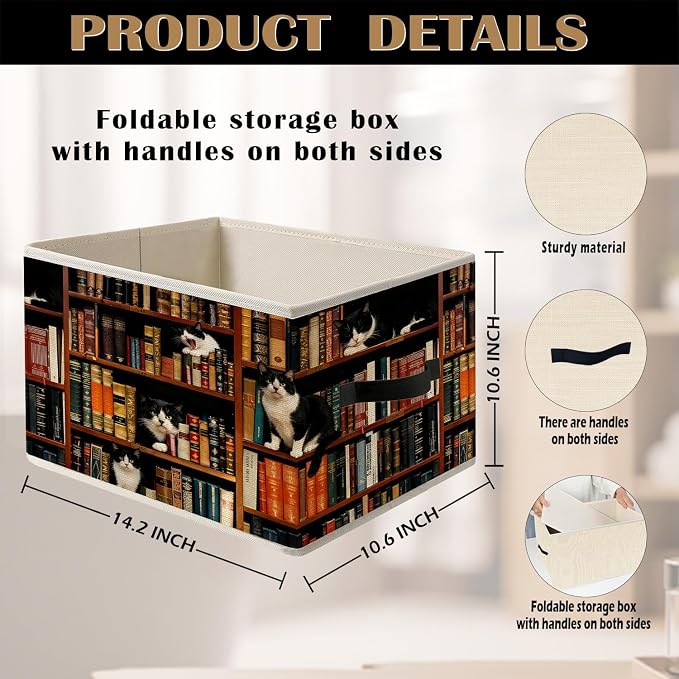 Vintage Tuxedo Cat Book Lovers Storage Bin Box with Handles, Retro Cat Bookish Foldable Organizer Basket Toybox for Reading Corner Room Library Bedroom Bathroom Home Clothes Toys Books