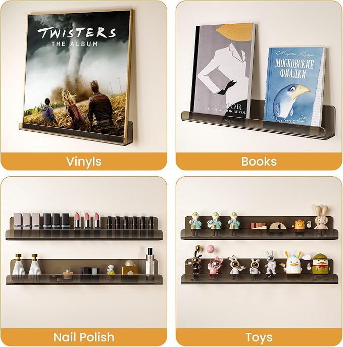 Vinyl Record Wall Mount Shelves, 12 inch Vinyl Holder, 8 Pack, Black | Acrylic Floating Shelves for Album Record Storage Display, Wall Decor, Magazine Rack, Kids Bookshelf, Picture Ledge