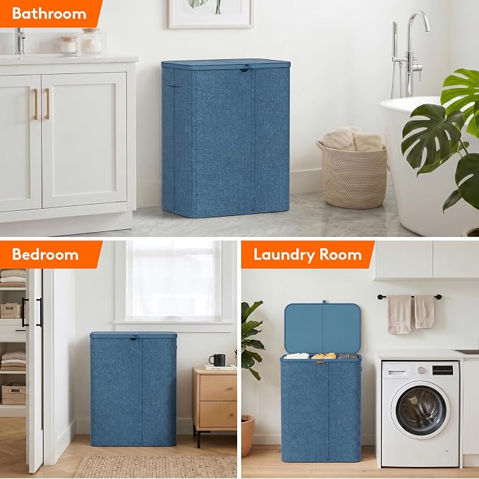 Lifewit 185L 3 Section Laundry Hamper with Lid, Large Laundry Basket with Handles and Removable Bags, Tall Clothes Hamper, Foldable Laundry Sorter for Bedroom Bathroom, Dark Blue