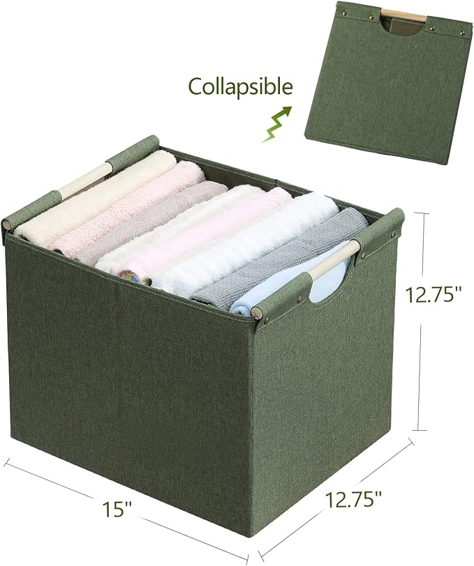 HOONEX Large Collapsible Storage Bins, Linen Fabric, Pack of 2, Storage Baskets with Wooden Carry Handles and Sturdy Heavy Cardboard, for Home, Office, Car, Nursery, Olive