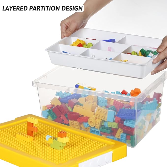 Plastic Storage Bins with Lids - 1 Set Stackable Arts Crafts Organizer Box with Removable Divided Tray &Compatible Building Baseplate,Toy Chest Containers for Bricks-Yellow(14.37"x9.64"x6.69")