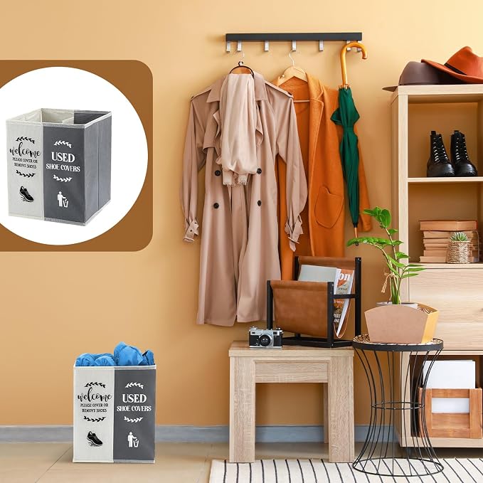 Shoe Cover Box Dispenser Foldable Storage Bin Holder with Used Shoe Covers and Welcome Please or Remove Sign for Open House Supplies(Beige, Gray)