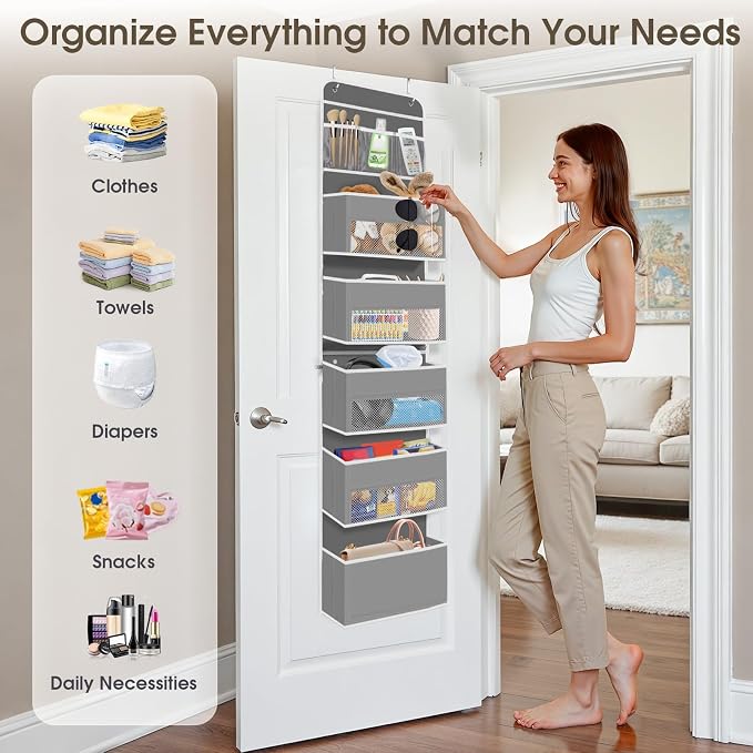 SpaceHacks 6-Tier Over The Door Organizer, Hanging Storage Organizer with Clear Window, 40lb Ultra Sturdy Large Capacity Room Organizer for Pantry Bathroom Nursery Closet Baby Essential (Grey)