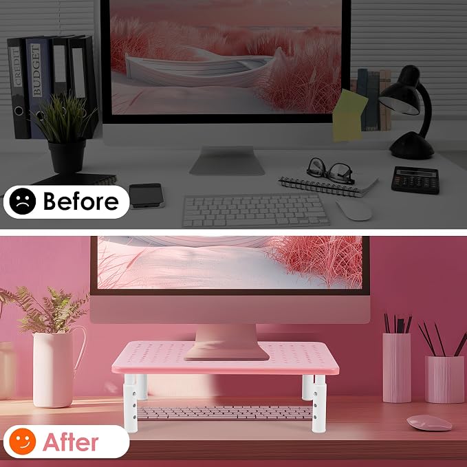 LOTEYIKE Monitor Riser Desktop Stand, Flat Screen TV Monitor Stand Riser, Sturdy Metal Laptop Computer Monitor Stand Shelf for Printer, iMac, 3 Height Adjustable PC Stand with Mesh Platform