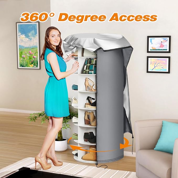 420D Gray Rotating Shoe Rack Tower Cover,25"Dia x 63"H,Cover Only | Spinning Storage Tower Cover – Waterproof, Windproof, Adjustable Drawstring & Zippers,Pet-resistant