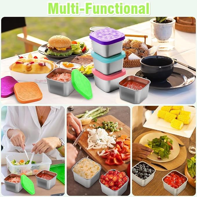 Showvigor 6-Pack Stainless Steel Snack Containers with Lids, 2-Compartment Snackle Box for Adults, 6oz Leakproof Metal Food Storage for Office & Gym, Reusable Portion Control Prep Set
