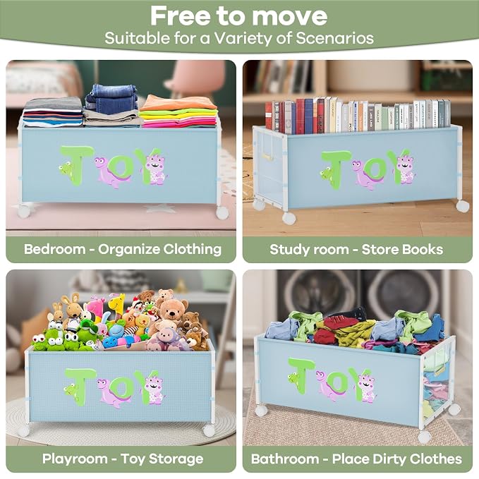 Large Toy Box with Wheels, 120L Toy Boxes for Extra Large Metal & Oxford Cloth Toy Chest Toy Organizer with Wooden Handle for Bedroom, Living Room Area, Stuffed Toys, Clothes(Blue, 1PC)