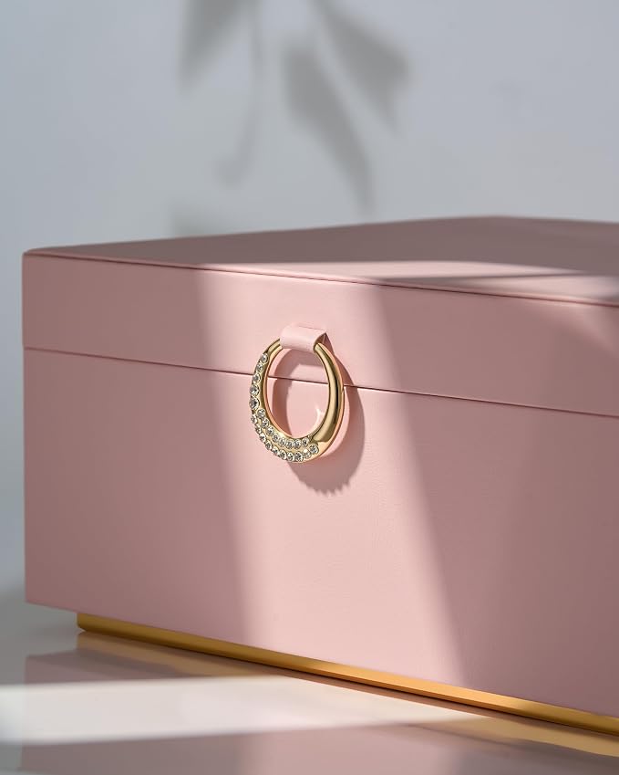 pickpiff 2 Layer Jewelry Box Organizer for Women, Jewelry Organizer with Handle & Removable Tray, Necklace Holder Ring Earring Storage, Velvet Lined Jewelry Case for Home or Travel, Gift Ready, Pink
