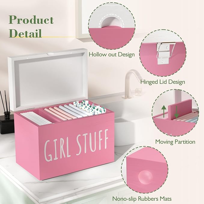 Tampon Holder for Bathroom with Hinged Lid, Feminine Product Organizer, Bathroom Period Products, Toilet Organizer, Bathroom Accessories Box for Girl Stuff (Pink)