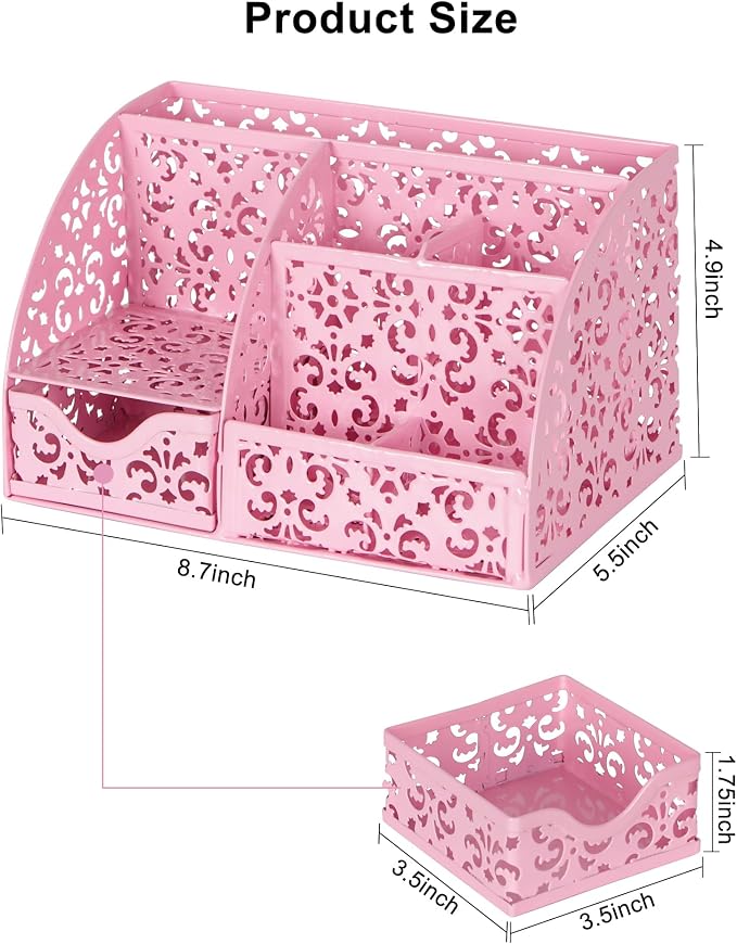 EasyPAG Desk Organizer and Pen Holder for Desk, Mesh Office Supplies Storage Caddy with Drawer for Small Space, Desktop Organizer for Home Office, Pink