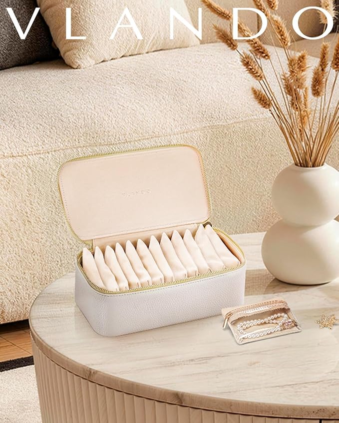 VLANDO Travel Jewelry Case,Jewelry Box with 12 Velvet Jewelry Pouch Jewelry Travel Organizer for Women Girl Jewelry Case Necklace Rings Earrings Bags Wedding Gifts (White)