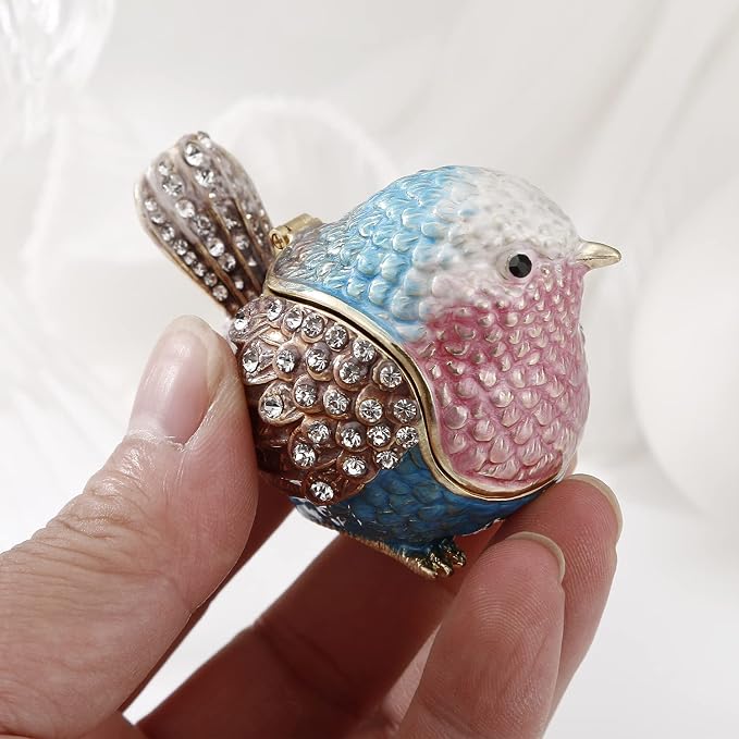 Hand Painted Enamel Robin Bird Trinket Box for Home Decor, Hinged Jewelry Organizer for Ring Earrings, Unique Figurine Keepsake Collectible Personalized Elegant Handmade Ornament Gifts (Blue Sparrow)