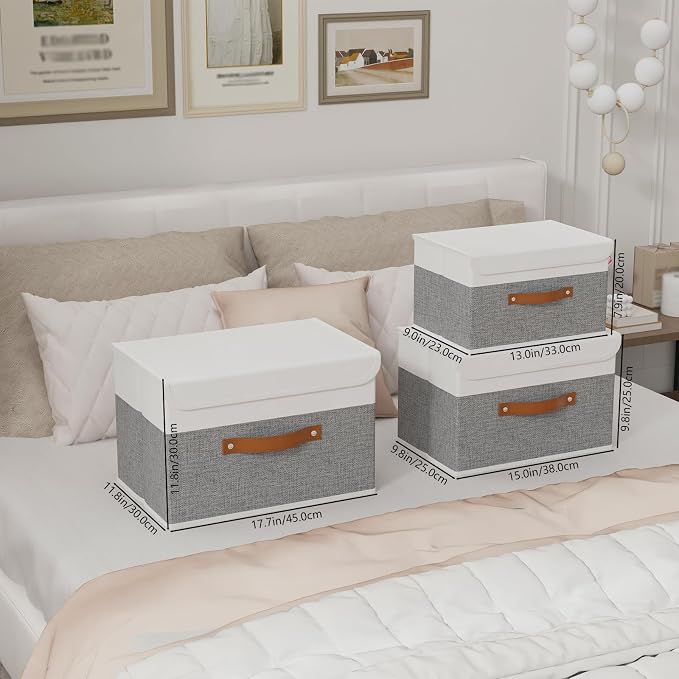 Yawinhe Storage Bins with Lids, Fabric Foldable Boxes, Washable and Leather Handle, Cube Organizer Basket for Home, Closet, White/Grey, 17.7''Lx11.8''Wx11.8''H, 5-Pack, USNK024WGX-5