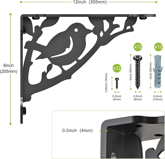 SELEWARE Heavy Duty Shelf Brackets 12 Inch, Bird Shelves Brackets, 300LB Capacity Decorative Metal L Brackets for Floating Shelves, Black Rustic Wall Mount Shelving Bracket with Screws, 4 Pack