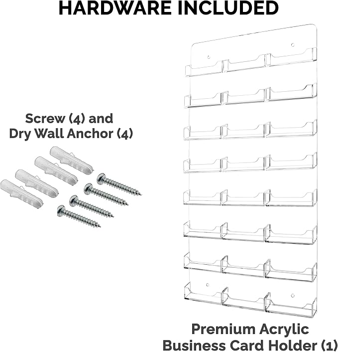 Marketing Holders Hanging Business Card Holder Clear on Clear Acrylic 24 Pockets for 3.5" x 2" Cards Space Saving Organizer with Hardware and Pre Drilled Holes for Real Estate Agents and Offices
