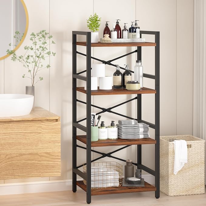 Yoobure 4 Tier Bookshelf - Small Book Shelf Industrial Bookcase, Narrow Book Case Book Storage Organizer for CD/Movie/Book, Bookshelves for Bedroom Office Living Room Berry Brown