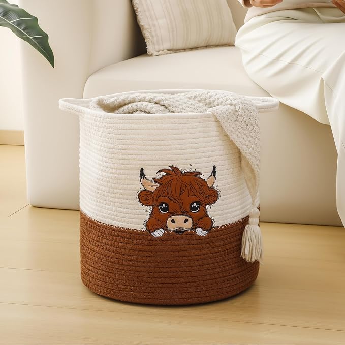 Large Blanket Baskets for Living Room, Highland Cow Storage Baskets for Toys Organizer Woven Cotton Rope Basket for Kids, Clothes Hamper with Embroidery Highland Cow Decor for Nursery Laundry