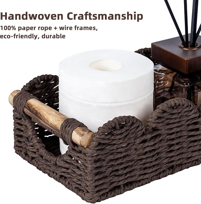CubesLand Bathroom Basket Organizer w/Cut Out Handle, Back of Toilet Paper Storage Baskets for Bathroom Countertop Decorative, Small Scalloped Wicker Basket Also for Home Decor, Living Room, Brown