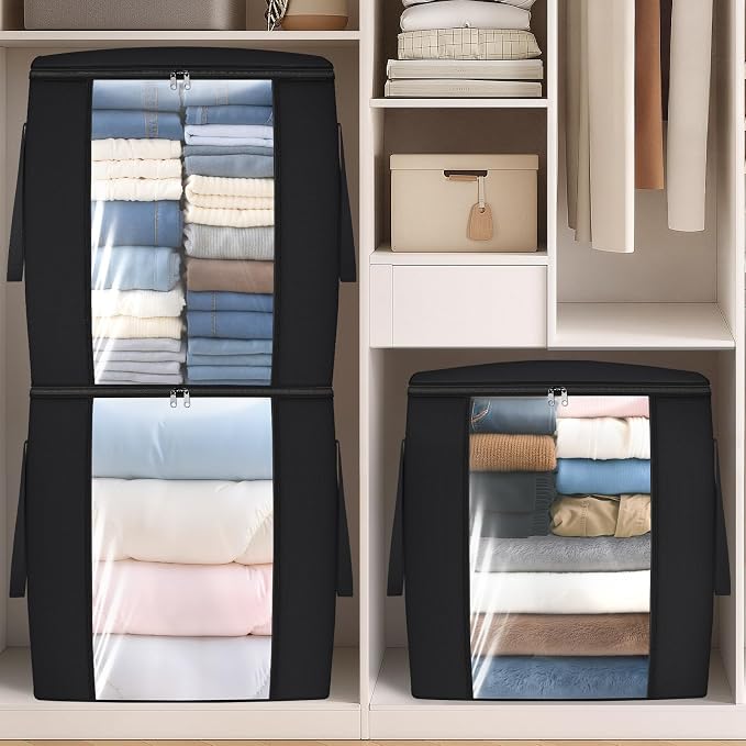 TasticTotes 120L Extra Large Clothes Storage Bags, Foldable Blanket Storage and Organization, Thick Fabric Containers with Reinforced Handles & Zippers for Clothing, Comforters, Bedding, Black, 4 Pack