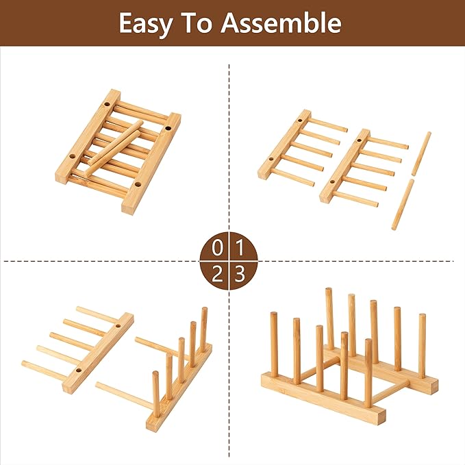 HBlife 4pcs Bamboo Dish Plate Bowl Cup Book Pot Lid Cutting Board Drying Rack Stand Drainer Storage Holder Organizer Kitchen Cabinet(Keep Dry)