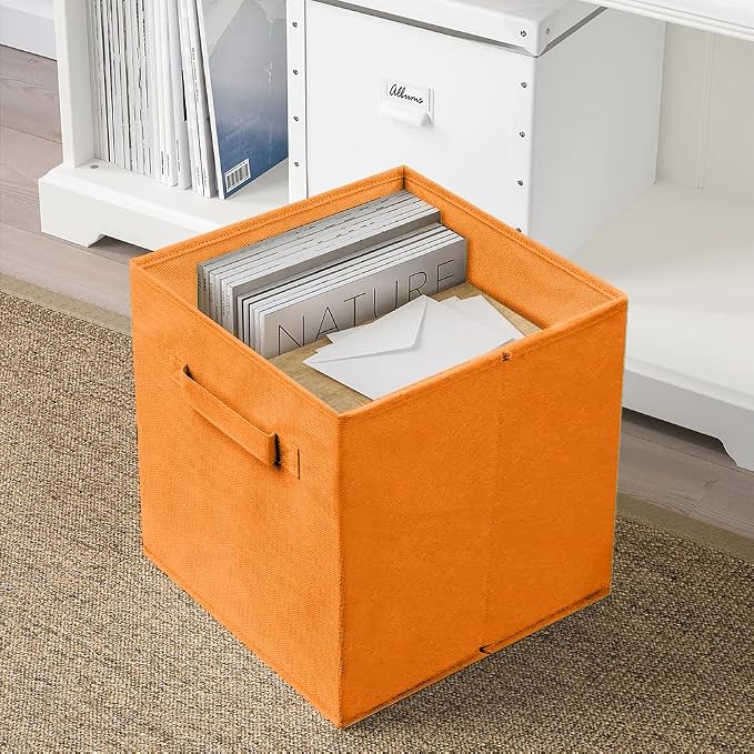 PowerKing Collapsible Storage Cubes with Handles, Fabric Foldable Bins for Closet Shelves, Durable Organization Storage Bins, 10.5'' x 11'' x 10.5'', 2 Pack, Orange