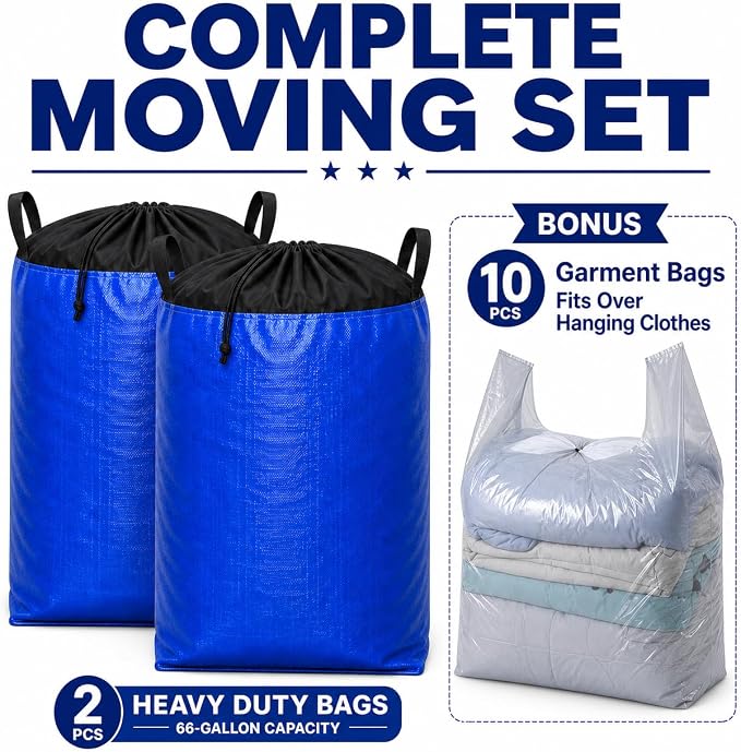 Moving Bags Heavy Duty Extra Large, 66 Gallon Large College Moving Bags with Handles, Waterproof Storage Packing for Home Dorm, Set of 2